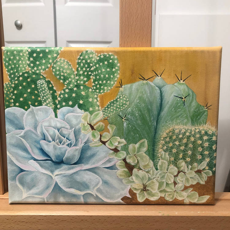 Oil painting of several succulents